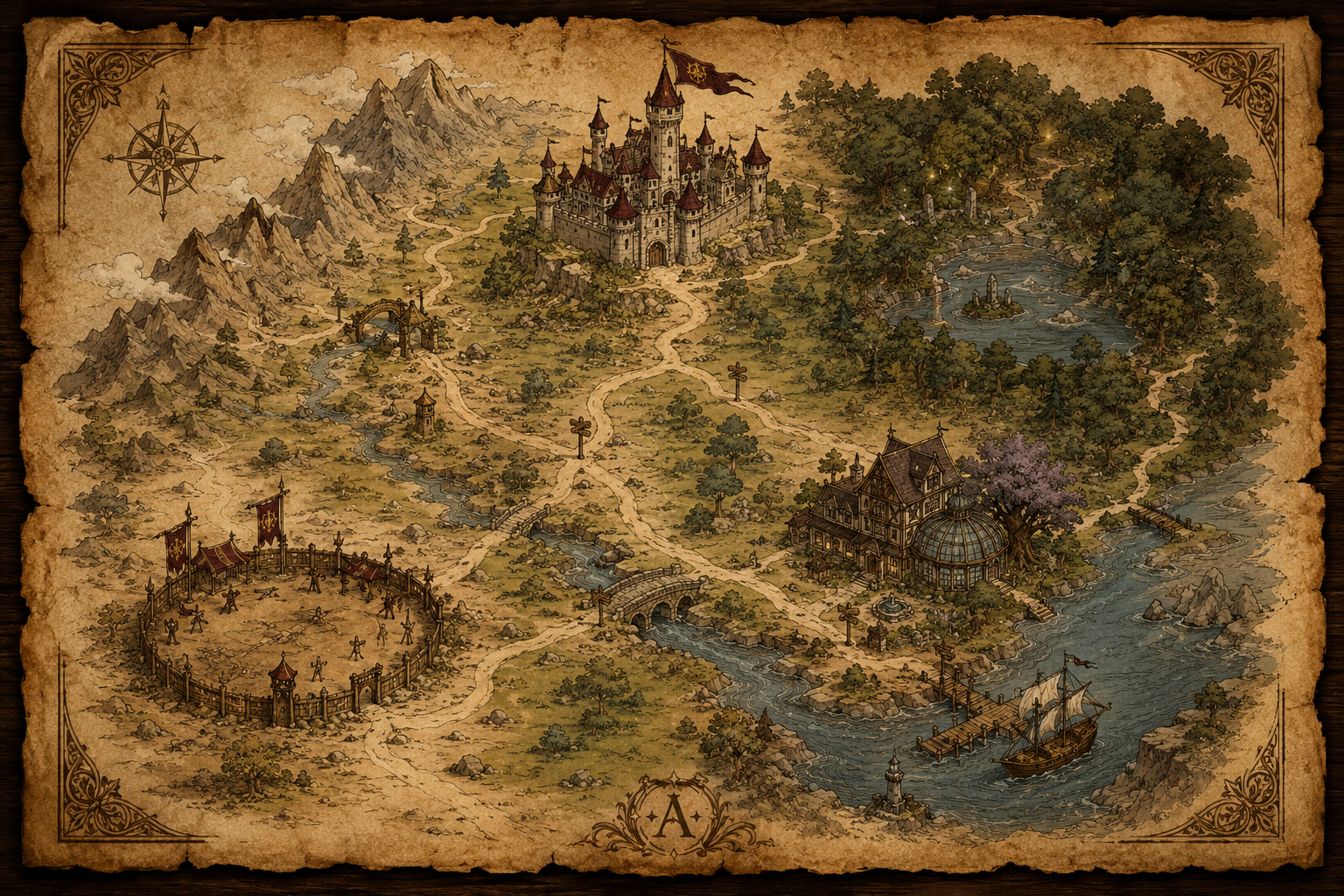 Illustrated map of the Kingdom of Arkana showing the Royal Castle, Royal Library, Forest of Voices, and Training Arena